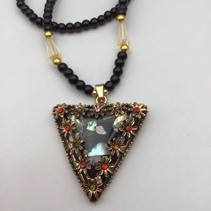 New Pendant Necklace with Shell Inclusions & Rhinestone Encrusted Flowers